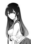  1girl agano_(kantai_collection) breasts from_side highres kantai_collection long_hair looking_at_viewer looking_to_the_side midriff monochrome morinaga_(harumori) pleated_skirt school_uniform serafuku simple_background skirt solo white_background 