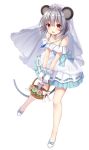 1girl :d alternate_costume animal_ears bangs bare_legs basket blue_bow blush bow brown_eyes dress eyebrows_visible_through_hair flower gloves grey_hair hair_between_eyes holding holding_basket jewelry long_hair looking_at_viewer mouse mouse_ears nagisa3710 nazrin necklace open_mouth rose shoe_bow shoes short_hair simple_background smile standing tail tiara touhou veil white_background white_footwear white_gloves