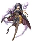  1girl bangs black_hair bodysuit book bracelet breasts bridal_gauntlets cape fire_emblem fire_emblem:_kakusei fire_emblem_heroes full_body highres jewelry kaorihero long_hair looking_at_viewer medium_breasts nail_polish smile solo tharja tiara two_side_up violet_eyes 