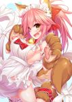  1girl absurdres animal_ears apron bell bell_collar blush breasts cleavage collar fate/extra fate/grand_order fate_(series) fox_ears fox_tail hair_ribbon highres large_breasts long_hair looking_at_viewer maid_headdress naked_apron no_panties open_mouth paws pink_hair ribbon sideboob solo tail tamamo_(fate)_(all) tamamo_cat_(fate) wakagi_repa yellow_eyes 