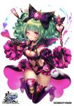  1girl ;) bad_leg black_bow black_gloves black_legwear black_skirt bow breasts choker cleavage detached_sleeves gem gloves green_hair heart heart_choker holding holding_wand long_hair medium_breasts midriff navel navel_cutout official_art one_eye_closed puffy_sleeves side_cutout skirt smile solo terai_(teraimorimori) the_caster_chronicles violet_eyes wand 