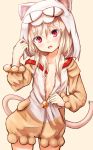  1girl :d animal_hood baram bell blonde_hair breasts cat_hood cat_tail commentary_request eyebrows_visible_through_hair fake_tail fate/kaleid_liner_prisma_illya fate_(series) hair_between_eyes hood hooded_pajamas illyasviel_von_einzbern jingle_bell long_hair looking_at_viewer nekoarc open_mouth open_pajamas pajamas red_eyes small_breasts smile solo tail 