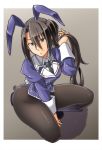  1girl absurdly_long_hair adapted_costume alto-00 animal_ears black_hair black_legwear boots breasts brown_eyes bunny_tail bunnysuit fake_animal_ears frown gloves highres jacket kantai_collection leotard long_hair long_sleeves nachi_(kantai_collection) necktie pantyhose purple_leotard rabbit_ears remodel_(kantai_collection) side_ponytail solo squatting tail very_long_hair white_gloves 