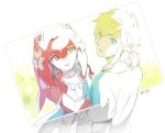  1boy 1girl blonde_hair blue_eyes blush fins fish_girl hair_ornament jewelry link long_hair looking_at_viewer mipha monster_girl multicolored multicolored_skin no_eyebrows ponytail red_skin redhead sakurai_muto the_legend_of_zelda the_legend_of_zelda:_breath_of_the_wild yellow_eyes zora 