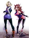  1girl 2girls android android_18 android_21 ass bare_shoulders black-framed_eyewear blonde_hair blue_eyes breasts brown_hair curly_hair detached_sleeves dragon_ball dragon_ball_fighterz dragonball_z dress earrings full_body glasses hoop_earrings jewelry konkitto long_hair looking_at_viewer medium_breasts multiple_girls nail_polish pantyhose redhead short_hair 