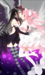  2girls akemi_homura akuma_homura argyle argyle_legwear bangs black_dress black_gloves black_hair black_wings boots bow detached_collar dress elbow_gloves face-to-face feathered_wings gloves goddess_madoka hair_bow hair_ribbon hakusai_(tiahszld) high_heel_boots high_heels highres kaname_madoka long_hair looking_at_viewer mahou_shoujo_madoka_magica mahou_shoujo_madoka_magica_movie multiple_girls open-back_dress pink_hair ribbon shoes spoilers standing standing_on_one_leg strapless strapless_dress thigh-highs thigh_boots two_side_up violet_eyes white_bow white_dress white_gloves white_wings winged_shoes wings yellow_eyes yuri 