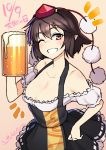  1girl alcohol alternate_costume bare_shoulders beer beer_mug black_hair breasts cleavage collarbone commentary_request dated dirndl german_clothes hand_on_hip hat highres looking_at_viewer medium_breasts one_eye_closed pointy_ears pom_pom_(clothes) red_eyes shameimaru_aya short_hair smile solo sweatdrop taketora_suzume tears tokin_hat touhou 