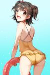  1girl akagi_miria ass black_hair blue_background brown_eyes casual_one-piece_swimsuit cowboy_shot from_behind gradient_hair idolmaster idolmaster_cinderella_girls innertube kaeru_(ka=l) looking_at_viewer looking_back multicolored_hair one-piece_swimsuit open_mouth short_hair smile solo swimsuit two_side_up 