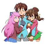  1boy 2girls 90s animal_ears blue_suit brown_eyes brown_hair cat_ears cat_tail clinging cowboy_shot formal girl_sandwich gloves green_skirt grey_pants hashimoto_nyaa kotobuki_tsukasa_(style) long_hair matsuno_choromatsu multicolored_hair multiple_girls noruberusu open_mouth osomatsu-kun osomatsu-san pants paw_gloves paws personality_switch pink_eyes pink_shirt pleated_skirt sandwiched school_uniform shirt simple_background skirt streaked_hair suit sweatdrop tail white_background yowai_totoko 