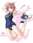  1girl blue_swimsuit character_name dated full_body hair_ornament i-58_(kantai_collection) kantai_collection name_tag navel one-piece_swimsuit pink_hair red_eyes sailor_collar sailor_shirt school_swimsuit shadow shirt shirt_removed short_hair solo swimsuit tatsumi_rei twitter_username 