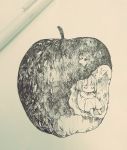  1girl apple bangs barefoot bob_cut child closed_mouth commentary_request crossed_arms food fruit greyscale ikeuchi_tanuma in_food minigirl monochrome original photo short_hair sitting sleeping solo traditional_media 