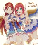  2girls angel_wings aqua_eyes artist_name backlighting bare_shoulders circlet commentary_request crop_top cross-laced_clothes dress flower gogi hair_ornament hairclip happy_birthday highres kurosawa_ruby long_hair looking_at_viewer love_live! love_live!_school_idol_festival love_live!_sunshine!! multiple_girls open_mouth orange_eyes redhead sakurauchi_riko simple_background skirt smile spaghetti_strap v wings 