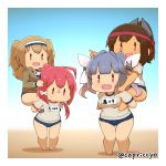  4girls :d alternate_costume barefoot blue_hair breasts brown_eyes brown_hair capriccyo commentary_request fang gym_shirt gym_uniform hair_ribbon hairband highres i-168_(kantai_collection) i-19_(kantai_collection) i-26_(kantai_collection) i-401_(kantai_collection) kantai_collection large_breasts light_brown_eyes light_brown_hair long_hair multiple_girls name_tag new_school_swimsuit no_mouth old_school_swimsuit open_mouth piggyback pink_hair pointing ponytail red_eyes ribbon sailor_collar sandals school_swimsuit shirt short_sleeves smile swimsuit swimsuit_under_clothes tan tri_tails two-tone_hairband two_side_up underwear 