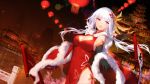  1girl alternate_costume architecture azur_lane bangs black_gloves blue_eyes breasts cape china_dress chinese_clothes city cleavage_cutout dress dutch_angle east_asian_architecture elbow_gloves eyebrows_visible_through_hair feathers floating_hair gloves hair_feathers hair_ornament heart-shaped_box highres hips illustrious_(azur_lane) lantern large_breasts long_hair looking_back low_twintails night outdoors paper_lantern pelvic_curtain red_dress river scroll side_slit swd3e2 twintails very_long_hair white_hair wind 