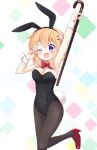  1girl ;d animal_ears arm_up armpits bangs black_legwear black_leotard blush bow bowtie breasts bunny_day bunny_girl bunny_tail bunnysuit cane cleavage commentary_request detached_collar eyebrows_visible_through_hair fake_animal_ears gochuumon_wa_usagi_desu_ka? hair_ornament hairclip high_heels holding hoto_cocoa leotard looking_at_viewer massala medium_breasts multicolored multicolored_background one_eye_closed open_mouth orange_hair pantyhose rabbit_ears red_footwear red_neckwear short_hair smile solo standing standing_on_one_leg tail v_over_eye violet_eyes wrist_cuffs 