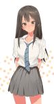  1girl arms_behind_back blush brown_hair chomoran commentary_request cowboy_shot earrings green_eyes highres idolmaster idolmaster_cinderella_girls jewelry long_hair looking_at_viewer necklace necktie pleated_skirt school_uniform shibuya_rin sketch skirt solo white_background 