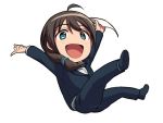  1boy ahoge androgynous brown_hair chibi formal idolmaster idolmaster_side-m long_hair male_focus ponytail producer_(idolmaster_side-m) sayshownen simple_background smile solo suit twitter_username white_background 