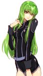  1girl bangs breasts c.c. closed_mouth code_geass covering covering_crotch cowboy_shot creayus eyebrows_visible_through_hair green_hair groin hand_up long_hair long_sleeves looking_at_viewer no_panties simple_background solo standing white_background yellow_eyes 