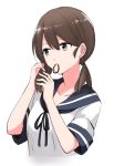  1girl black_eyes brown_hair hair_half_undone hair_tie holding holding_hair jpeg_artifacts kantai_collection low_twintails morinaga_(harumori) mouth_hold school_uniform serafuku shirayuki_(kantai_collection) simple_background solo twintails upper_body white_background 