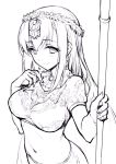  1girl earrings fate/grand_order fate_(series) haoni indian_clothes jewelry midriff monochrome necklace parvati_(fate/grand_order) polearm sketch spear weapon 