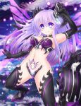  1girl bare_shoulders blue_eyes breasts bustier cleavage commentary_request cowboy_shot crotch_plate elbow_gloves gloves hair_ornament highres kazuneko_(wktk1024) long_hair mechanical_wings medium_breasts midriff navel nepgear nepnep_connect:_chaos_chanpuru neptune_(series) outdoors pubic_tattoo purple_hair purple_sister purple_sister_(chaos_form) revealing_clothes smile solo stomach symbol-shaped_pupils tattoo thigh-highs wings 