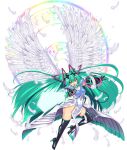  1girl angel angel_wings aqua_eyes aqua_hair black_legwear boots breasts feathered_wings feathers hatsune_miku high_heel_boots high_heels highres long_hair looking_at_viewer microphone pelvic_curtain shiny shiny_clothes sleeveless thigh-highs thigh_boots twintails vocaloid white_wings wings yui_sora 