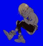  1boy alternate_eye_color blonde_hair blue_background blue_eyes blue_nails blush coat con_potata copyright_name male_focus nail_polish scarf shoes sitting sneakers yuri!!!_on_ice yuri_plisetsky 