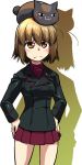  1girl animal animal_on_head bangs black_cat black_jacket cat closed_mouth cowboy_shot dress_shirt eyebrows_visible_through_hair frown girls_und_panzer hands_on_hips jacket kuromorimine_military_uniform long_sleeves looking_up mauko_(girls_und_panzer) military military_uniform miniskirt no_hat no_headwear on_head pleated_skirt r-ex red_shirt red_skirt shirt short_hair silhouette simple_background skirt solo standing uniform white_background 