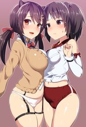  2girls :d ayagi_daifuku azur_lane bare_shoulders black_hair breasts brown_eyes brown_hair detached_sleeves kantai_collection large_breasts long_hair long_sleeves medium_breasts multiple_girls nagara_(azur_lane) nagara_(kantai_collection) open_mouth purple_background red_eyes short_hair simple_background smile twintails 