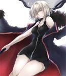  1girl ahoge bare_shoulders breasts cape dutch_angle fate/grand_order fate_(series) fur-trimmed_cape fur_trim grey_hair jeanne_alter jewelry looking_at_viewer medium_breasts necklace ruler_(fate/apocrypha) short_hair sketch smile solo standard_bearer thigh_gap thighs white_background yellow_eyes yuki_maccha_(yukimattya10) 