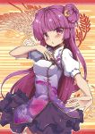  1girl :&lt; alternate_costume bangs beni_kurage blunt_bangs blush china_dress chinese_clothes crescent crescent_hair_ornament double_bun dress hair_ornament highres long_hair looking_at_viewer patchouli_knowledge puffy_short_sleeves puffy_sleeves purple_hair short_sleeves solo touhou very_long_hair violet_eyes 