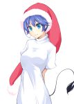  1girl arms_behind_back blue_eyes blue_hair breasts closed_mouth cowboy_shot doremy_sweet dress hat jajao looking_at_viewer medium_breasts nightcap short_hair short_sleeves simple_background smile solo tail touhou white_background white_dress 