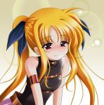  1girl armlet bangs bare_shoulders black_leotard black_ribbon blonde_hair blush breasts brown_eyes closed_mouth commentary_request eyebrows_visible_through_hair fate_testarossa hair_ribbon leotard long_hair looking_at_viewer lyrical_nanoha magical_girl mahou_shoujo_lyrical_nanoha narurun_(final123) parted_bangs pink_skirt ribbon sidelocks skirt sleeveless small_breasts smile solo twintails upper_body yellow_background 