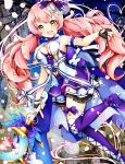  1girl :d black_gloves bow brown_eyes cross-laced_legwear dress fingerless_gloves full_body gloves hair_bow long_hair looking_at_viewer magical_girl moi_(latte_art) open_mouth original pink_hair purple_bow purple_legwear smile solo staff star striped striped_bow thigh_strap twintails 