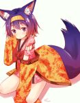 1girl animal_ears blush commentary_request fox_ears fox_tail hairband hatsuse_izuna japanese_clothes mizutan64 no_game_no_life parted_lips purple_hair short_hair sleeves_past_wrists solo tail violet_eyes white_background 