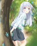  1girl against_tree black_skirt blue_eyes blue_hair blush from_side gochuumon_wa_usagi_desu_ka? hair_ornament hairclip highres kafuu_chino leaf leaning_forward long_hair looking_back open_mouth outdoors sashima shirt skirt solo tree white_shirt 