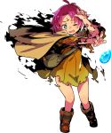  1girl blush boots cape dress fa facial_mark fire_emblem fire_emblem:_fuuin_no_tsurugi fire_emblem_heroes forehead_mark full_body gloves highres one_eye_closed open_mouth pink_hair pointy_ears purple_hair short_hair solo stone torn_clothes 