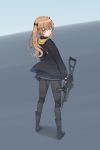  1girl absurdres bangs black_bow black_footwear black_gloves black_jacket black_legwear black_skirt blush boots bow brown_hair closed_mouth fingerless_gloves full_body girls_frontline gloves grey_background gun hanu_(ryu7709) highres holding holding_gun holding_weapon hood hooded_jacket jacket knee_boots legs_apart long_hair long_sleeves looking_at_viewer looking_back miniskirt pantyhose pink_eyes pleated_skirt scar scar_across_eye skirt smile solo standing trigger_discipline twintails two-tone_background ump9_(girls_frontline) weapon 
