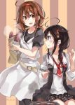  2girls :d ahoge bag belt black_hair blue_eyes blush braided_ponytail brown_eyes brown_hair casual chopsticks commentary_request food hair_flaps hair_ornament hairband kantai_collection looking_to_the_side multiple_girls necktie open_mouth paper_bag remodel_(kantai_collection) shigure_(kantai_collection) shiratsuyu_(kantai_collection) short_hair smile striped striped_background sugue_tettou sweet_potato twitter_username yakiimo 