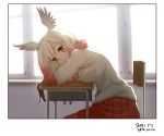  1girl 2017 artist_name bangs bent_over bird_wings blush breasts chair covered_mouth crossed_arms dated desk eyebrows eyebrows_visible_through_hair eyelashes facing_away feathered_wings fur_trim gloves gradient_hair head_wings indoors japanese_crested_ibis_(kemono_friends) kemono_friends leaning leaning_forward light long_hair long_sleeves looking_at_viewer miniskirt multicolored_hair pantyhose pink_ribbon pleated_skirt red_gloves red_legwear red_skirt redhead ribbon roonhee school_chair school_desk shirt sidelocks sitting skirt small_breasts solo tareme two-tone_hair upper_body white_hair white_shirt white_wings window wings yellow_eyes 