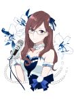  1girl bare_shoulders blue_ribbon brown_hair flower glasses gloves hair_ribbon highres holding holding_microphone idolmaster idolmaster_cinderella_girls idolmaster_cinderella_girls_starlight_stage long_hair microphone morinaga_(harumori) ribbon solo starry_sky_bright violet_eyes white_gloves yagami_makino 