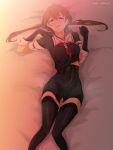  1girl ahoge arms_at_sides bangs bed bent_elbow black_legwear bodysuit brown_hair covered_navel cropped_shirt elbow_gloves gloves hair_between_eyes highres kantai_collection looking_at_viewer lying murasame_(kantai_collection) no_pants on_back on_bed open_mouth red_neckerchief school_uniform serafuku skin_tight thigh-highs two_side_up vi3r6ein 