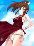  1girl :o apron arms_behind_back bare_arms bare_shoulders bikini bikini_under_clothes blue_eyes blue_sky bow bracelet breasts brown_hair cowboy_shot day floating_hair hair_bow highres idolmaster idolmaster_million_live! idolmaster_million_live!_theater_days jewelry long_hair looking_down lowleg lowleg_bikini medium_breasts open_mouth outdoors ponytail red_apron ribbon run_p_(aveton) satake_minako side-tie_bikini sideboob sidelocks sky solo standing swimsuit tareme thighs white_bikini white_bow white_ribbon wind wind_lift 