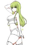  1girl absurdres bangs breasts c.c. code_geass cowboy_shot crop_top eyebrows_visible_through_hair green_eyes green_hair highres kenron_toqueen long_hair looking_at_viewer medium_breasts midriff navel short_shorts shorts smile solo standing stomach thick_thighs thigh-highs thighs white_background zettai_ryouiki 