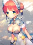  1girl arms_at_sides artist_name blush bonnet braid breasts cleavage closed_mouth dress earrings flower frilled_sleeves frills hair_flower hair_ornament jewelry large_breasts looking_at_viewer mizumori_(xcllcx) original redhead short_hair short_sleeves signature solo sparkle yellow_eyes 