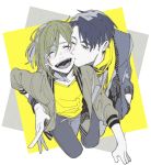  2boys ^_^ alternate_eye_color black_hair blonde_hair cheek_kiss closed_eyes con_potata hand_in_pocket jacket jean-jacques_leroy kiss male_focus multiple_boys muted_color one_eye_closed scarf yaoi yellow_eyes yuri!!!_on_ice yuri_plisetsky 