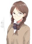  1girl bow bowtie braid brown_eyes brown_hair brown_sweater character_request commentary_request glasses jpeg_artifacts light_smile looking_at_viewer morinaga_(harumori) peeking_out school_uniform solo twin_braids upper_body 