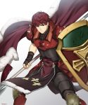  1boy armor armored_boots boots cape dated fingerless_gloves fire_emblem fire_emblem_echoes:_mou_hitori_no_eiyuuou fur_trim futabaaf gloves highres lukas_(fire_emblem) male_focus polearm red_eyes redhead shield simple_background solo spear weapon white_background 