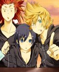  1girl axel_(kingdom_hearts) blonde_hair blue_eyes blue_hair breasts cleavage cloak closed_eyes green_eyes kingdom_hearts kingdom_hearts_358/2_days multiple_boys organization_xiii redhead roxas short_hair xion_(kingdom_hearts) 