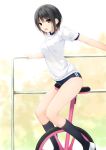  1girl aoyama_sumika bangs black_hair blush brown_eyes buruma coffee-kizoku d: day eyebrows_visible_through_hair gym_shirt gym_uniform highres kneehighs legs looking_at_viewer open_mouth original outdoors shirt short_hair short_sleeves sidelocks solo thighs unicycle white_legwear white_shirt 